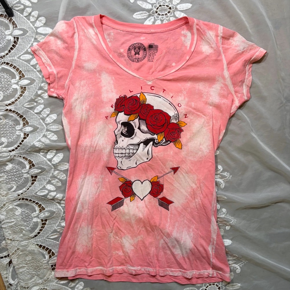 Y2K Affliction American Customs Pink Tie Dye Skull Rose Cross Graphic Tee L
